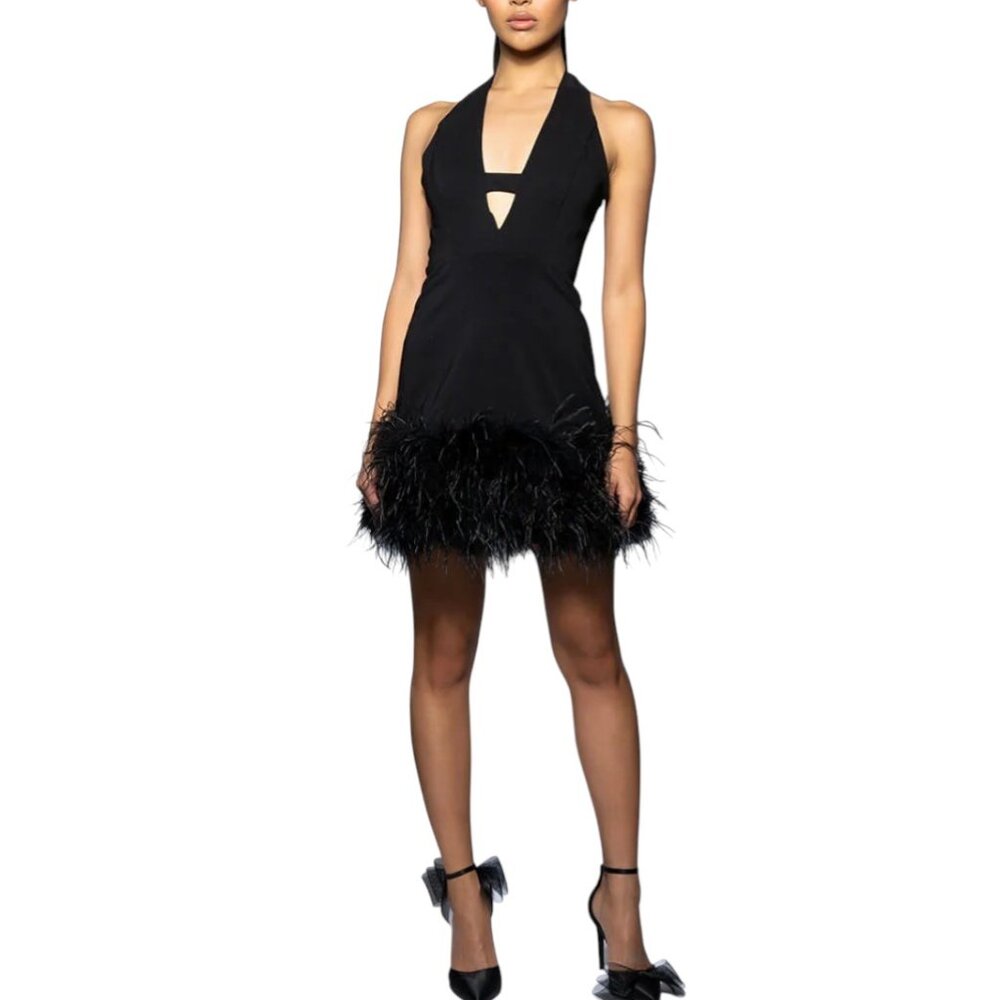 Akira Noel Halter Deep V Feather Trim Mini Dress, Black, XL - Picture 3 of 13